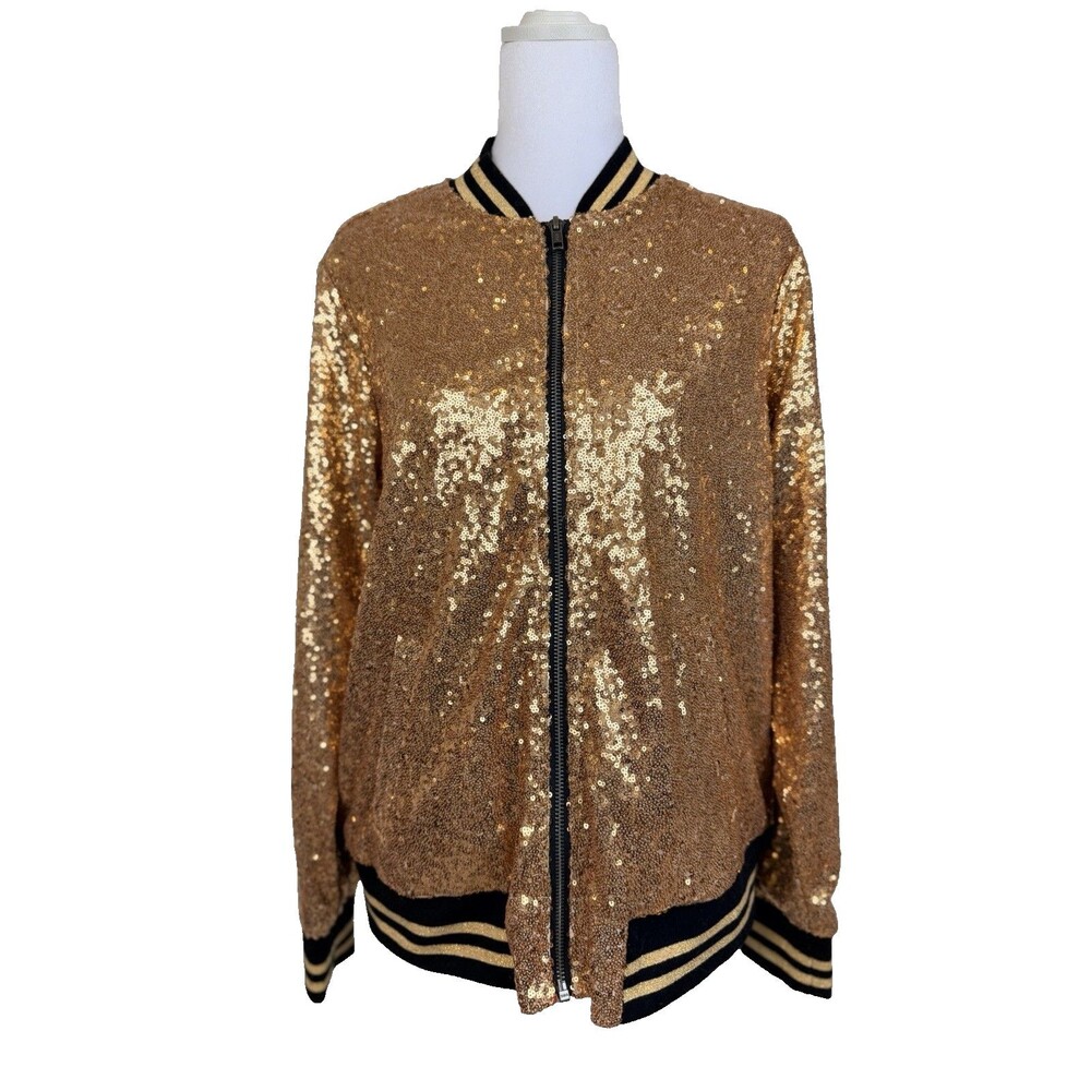 Torrid Gold Sequin Varsity Jacket Women’s Size 00 Full Zip Bomber Sparkle